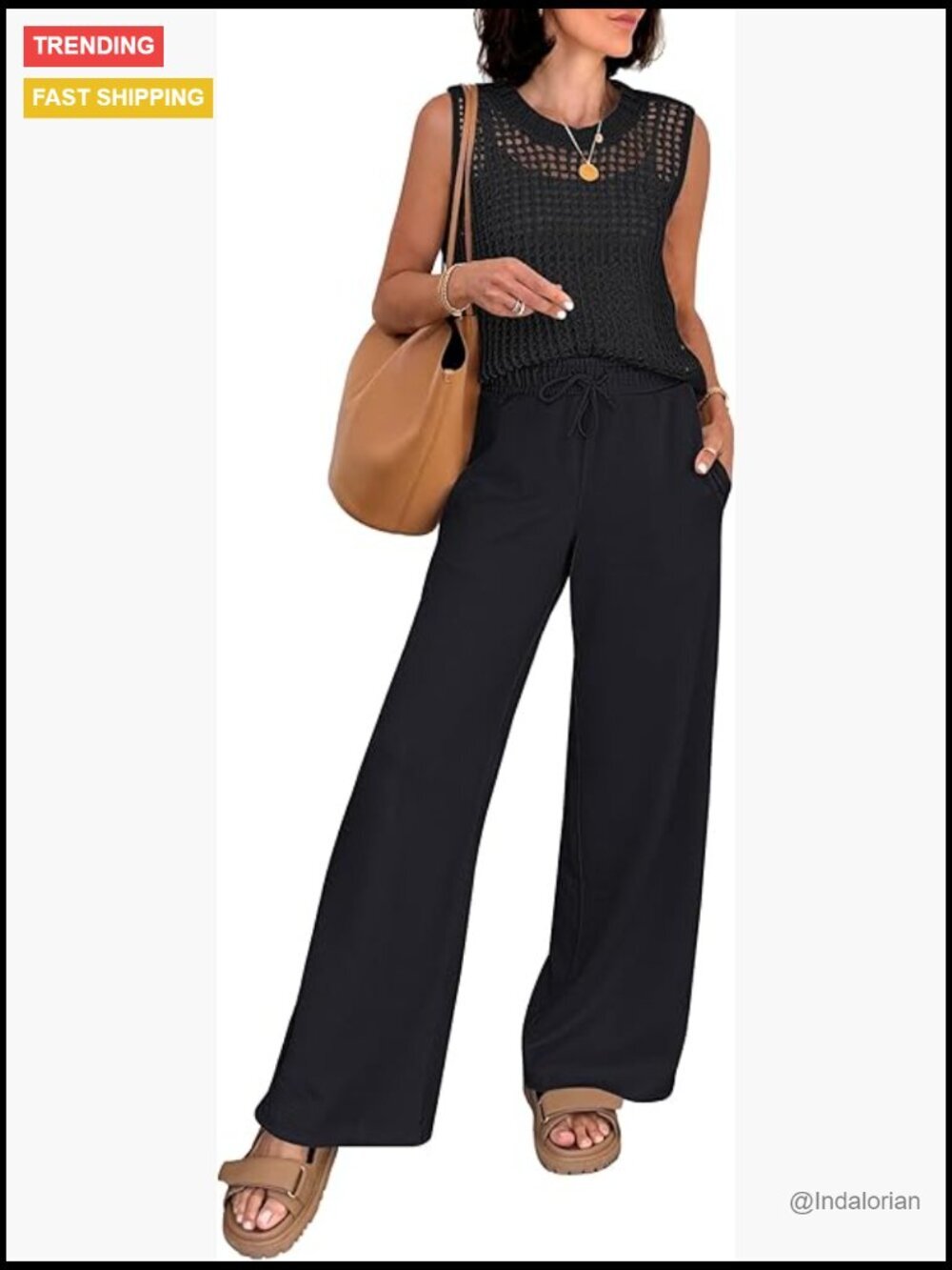 Women's 2 Piece Crochet Sweater Vest Wide Leg Pants Lounge Matching Set